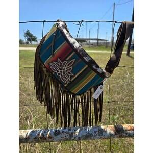 NEW KEEP IT GYPSY women's fringe cowhide side bag in blue multi